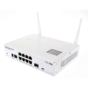 Cloud Router Switch 109-8G-1S-2HnD-IN with Atheros AR9344 CPU, 128MB RAM, 8x Gigabit LAN, 1x SFP, 2.4GHz 802.11b/g/n wireless Access Point, RouterOS L5, LCD panel, desktop case, PSU
