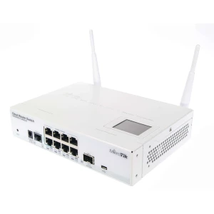 Cloud Router Switch 109-8G-1S-2HnD-IN with Atheros AR9344 CPU, 128MB RAM, 8x Gigabit LAN, 1x SFP, 2.4GHz 802.11b/g/n wireless Access Point, RouterOS L5, LCD panel, desktop case, PSU