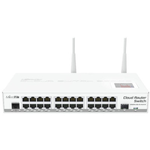 Cloud Router Switch 125-24G-1S-2HnD-IN with Atheros AR9344 CPU, 128MB RAM, 24x Gigabit LAN, 1x SFP, RouterOS L5, LCD panel, 2.4GHz 802.11b/g/n wireless Access Point, desktop case, PSU
