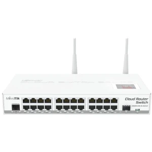 Cloud Router Switch 125-24G-1S-2HnD-IN with Atheros AR9344 CPU, 128MB RAM, 24x Gigabit LAN, 1x SFP, RouterOS L5, LCD panel, 2.4GHz 802.11b/g/n wireless Access Point, desktop case, PSU