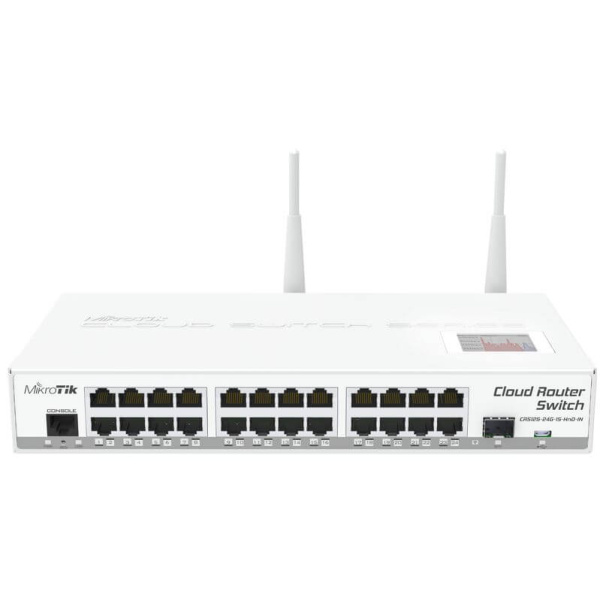 Cloud Router Switch 125-24G-1S-2HnD-IN with Atheros AR9344 CPU, 128MB RAM, 24x Gigabit LAN, 1x SFP, RouterOS L5, LCD panel, 2.4GHz 802.11b/g/n wireless Access Point, desktop case, PSU