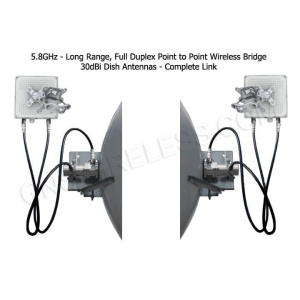 220Mbps, 5.7 - 5.8GHz, Full Duplex, Point to Point Wireless Bridge, 32dBi Dish Antennas, 29dBm TX/RX Power, 128bit encryption, POE/PS included, 1-yr warranty - Pre-Configured - 10 Mile | Complete Link