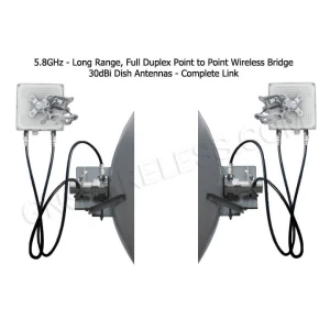 220Mbps, 5.7 - 5.8GHz, Full Duplex, Point to Point Wireless Bridge, 32dBi Dish Antennas, 29dBm TX/RX Power, 128bit encryption, POE/PS included, 1-yr warranty - Pre-Configured - 10 Mile | Complete Link