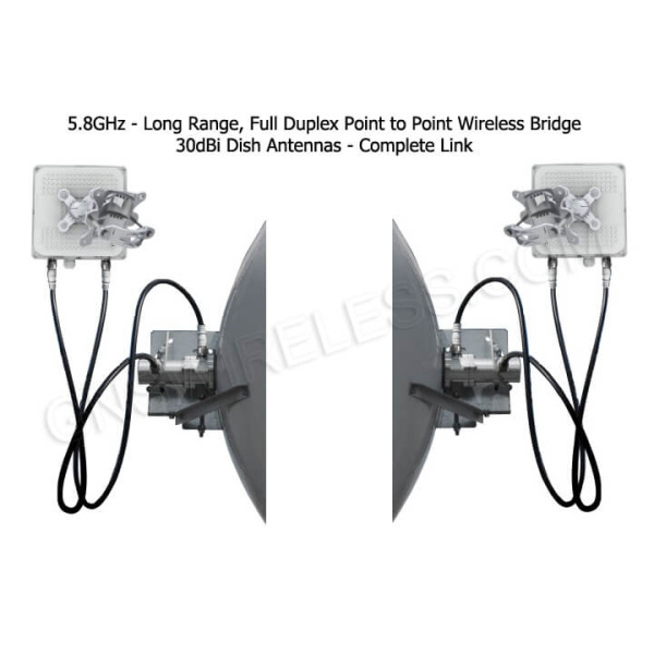 220Mbps, 5.7 - 5.8GHz, Full Duplex, Point to Point Wireless Bridge, 32dBi Dish Antennas, 29dBm TX/RX Power, 128bit encryption, POE/PS included, 1-yr warranty - Pre-Configured - 10 Mile | Complete Link