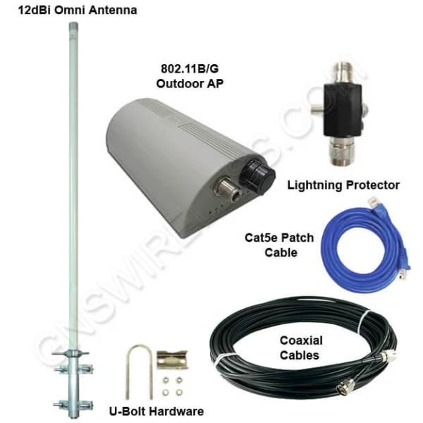 2.4GHz, 802.11B/G, Wireless Hotspot Package, 200mW Outdoor Access Point, 12dBi Omni Directional Antenna, Accessories included - 500ft.+ Range