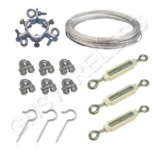 150ft. Guy Wire, 6 Guy wire clamps, Guy Wire Mast Clamp, 3 adjustable eye hooks, 3 S-hooks