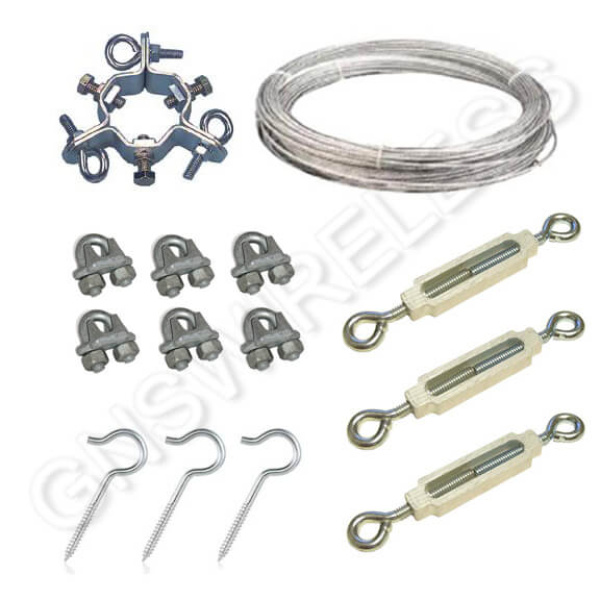 150ft. Guy Wire, 6 Guy wire clamps, Guy Wire Mast Clamp, 3 adjustable eye hooks, 3 S-hooks