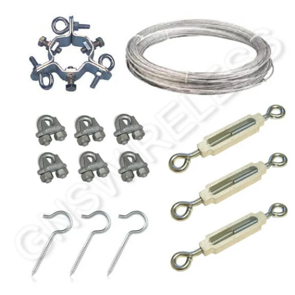150ft. Guy Wire, 6 Guy wire clamps, Guy Wire Mast Clamp, 3 adjustable eye hooks, 3 S-hooks