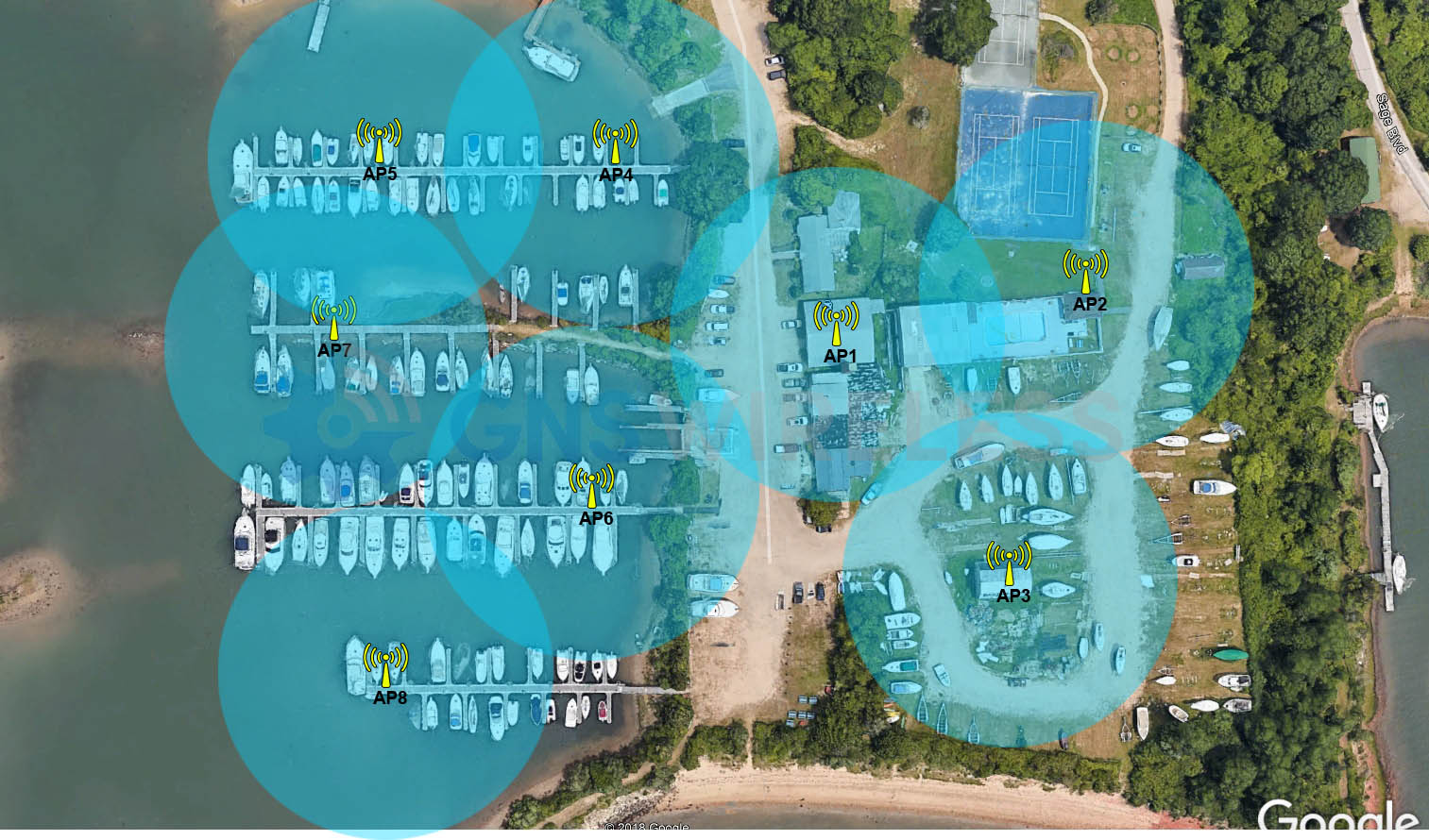 BC Marina satellite view showing shoreline, dock layout and boat slips used for WiFi access point planning
