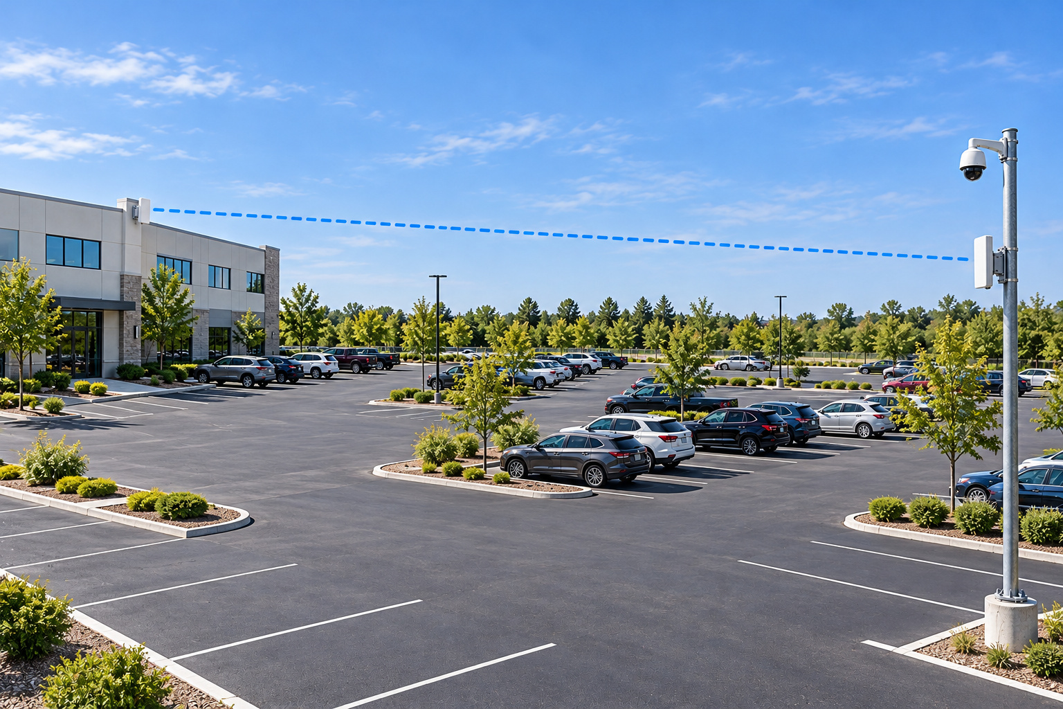 Parking lot security camera pole connected wirelessly to a commercial building using two directional panel antennas
